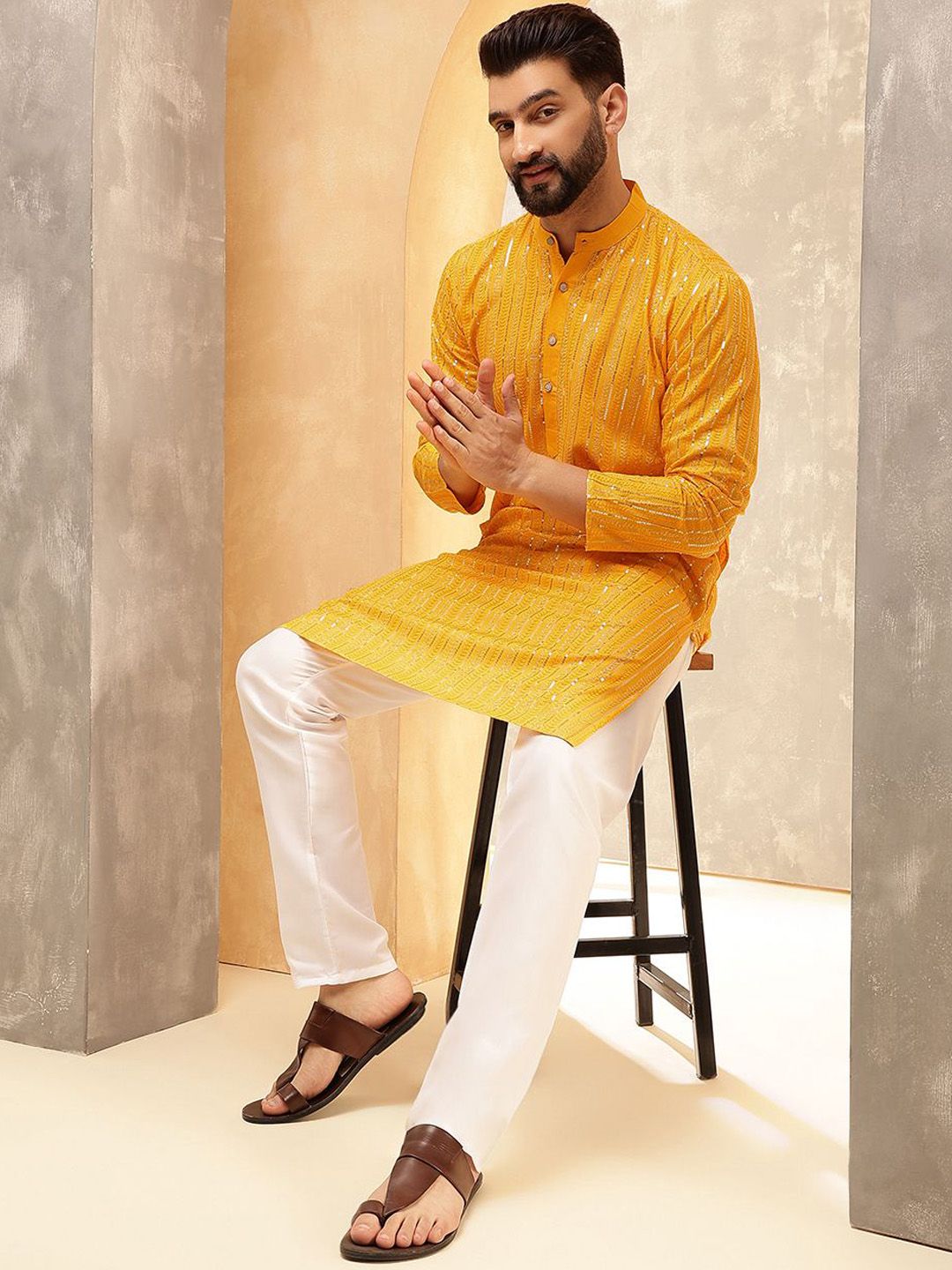 Anouk Mustard Geometric Embroidered Sequence Band Collar Cotton Straight Kurta