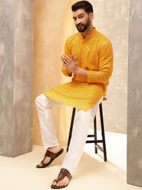 Anouk Mustard Geometric Embroidered Sequence Band Collar Cotton Straight Kurta