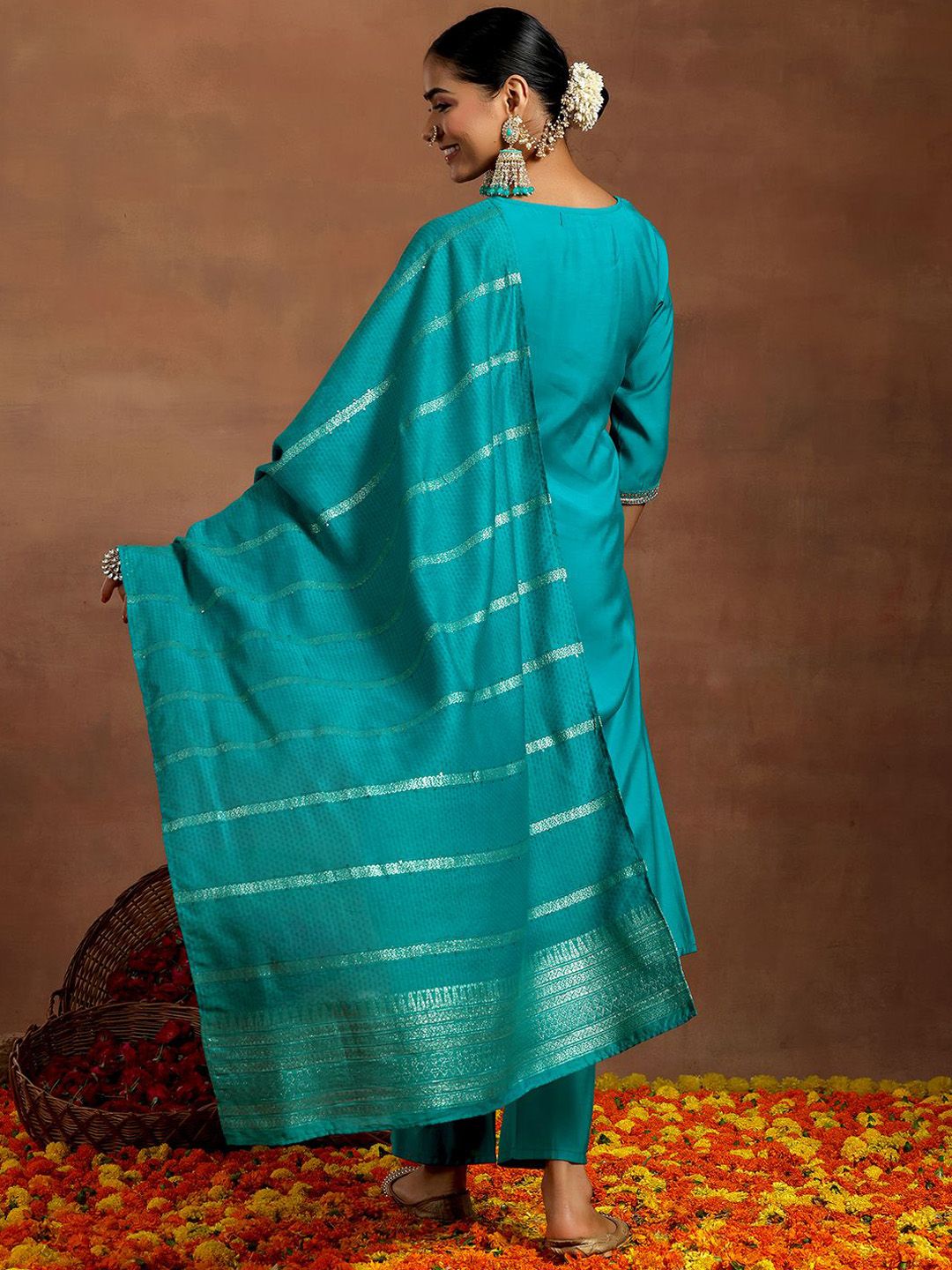 Gerua By Libas Floral Embroidered Straight Kurta with Trousers & With Dupatta