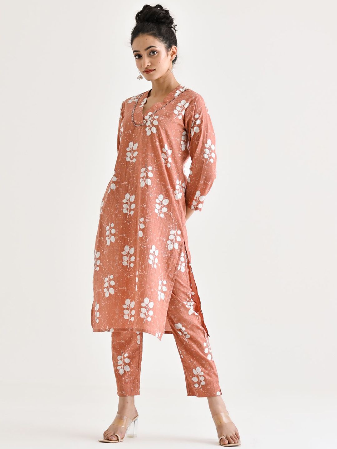 Rustorange Buta Printed Embroidered Neckline Detail Pure Cotton Tunic With Trouser Co-Ords