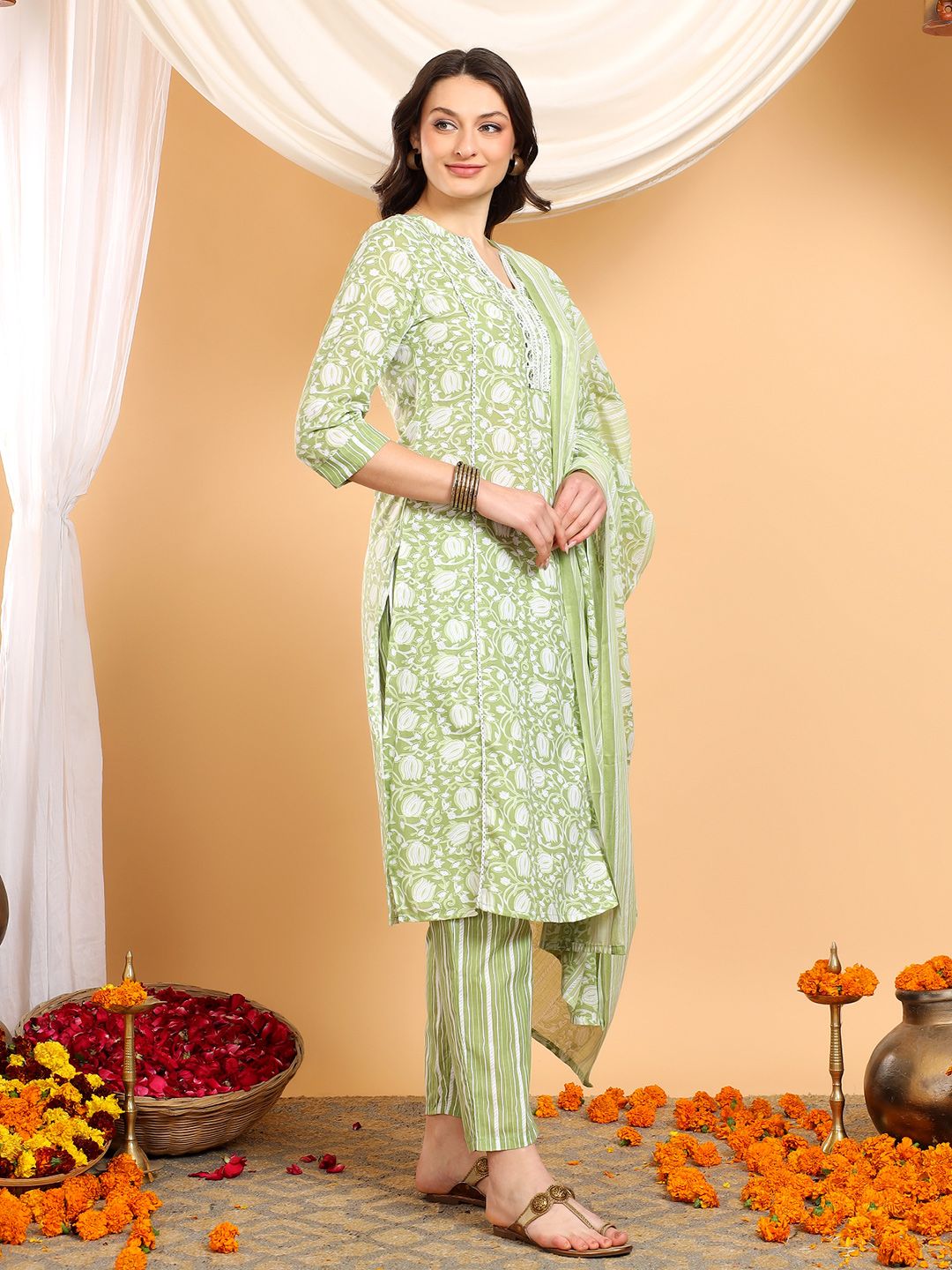 Mamicha Women Ethnic Motifs Printed Regular Thread Work Pure Cotton Kurta with Trousers & With Dupatta