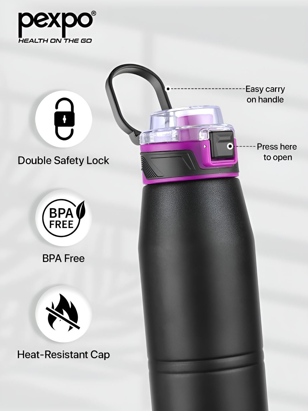 Pexpo Black & Purple Printed Stainless Steel Double Wall Vacuum Water Bottle-740 ml