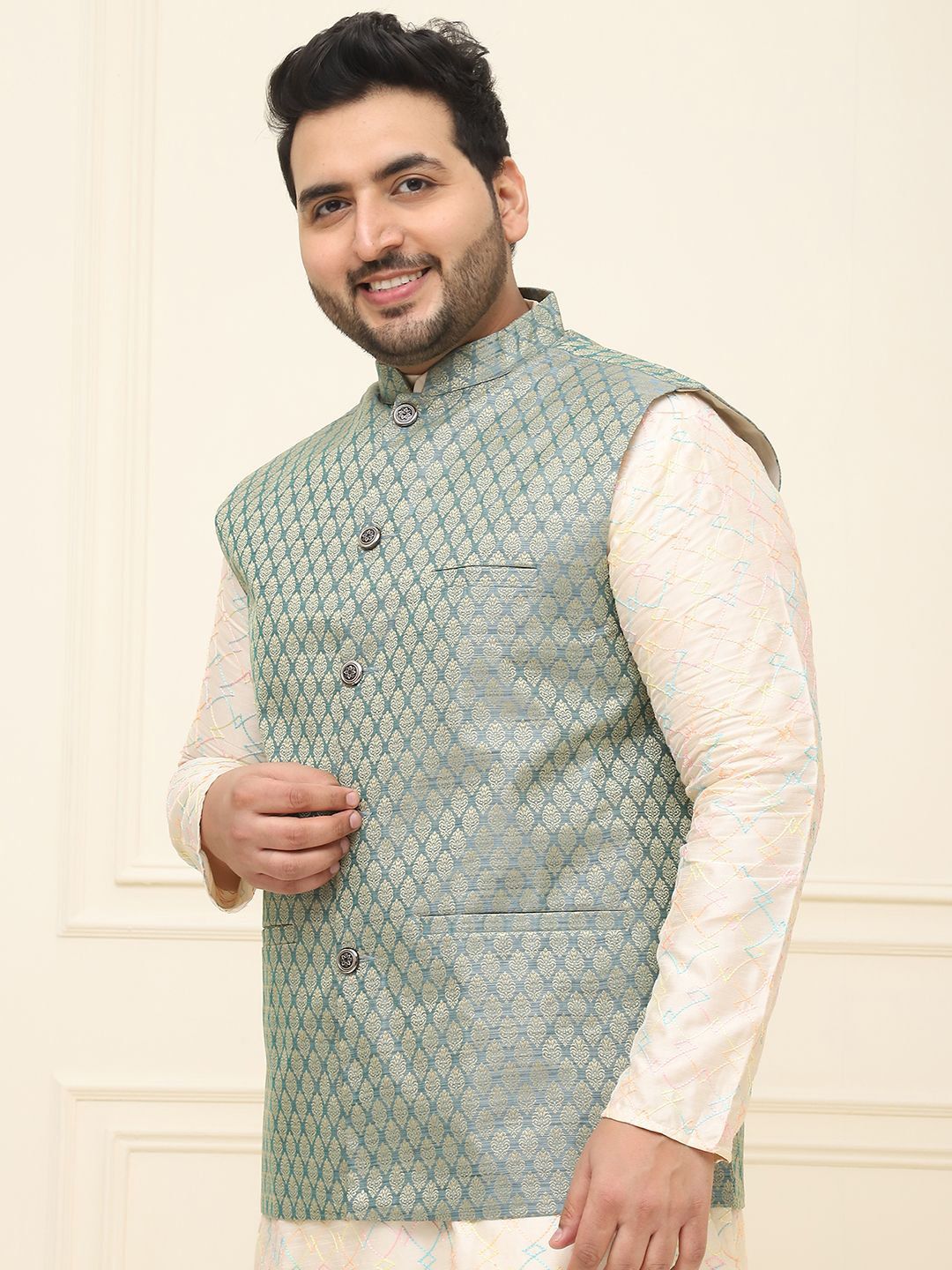 SOJANYA PLUS Men Plus Size Printed Mandarin Collar Nehru Jacket