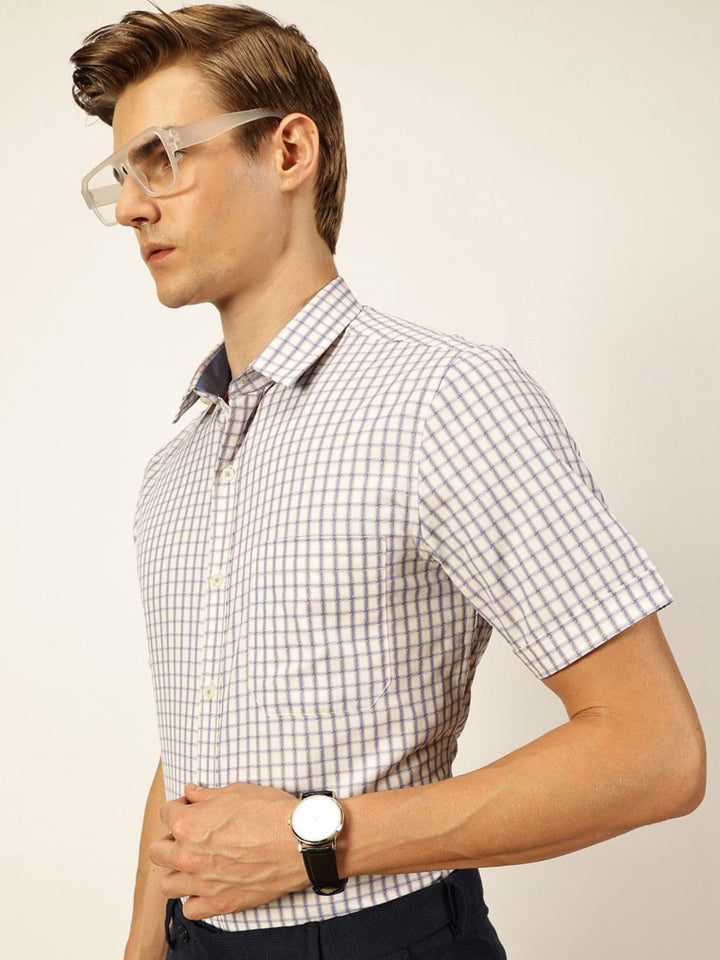 Thomas Scott Men Smart Spread Collar Gingham Checked Cotton Formal Shirt