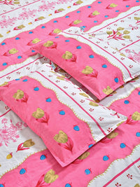 KLOTTHE Pink Floral Cotton 300 TC King Fine Bedsheet with 2 Pillow Covers-98 x 89 inches