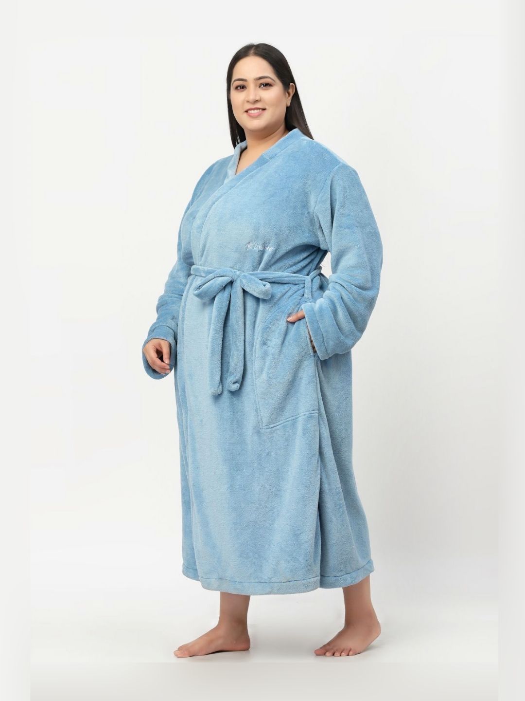 KLOTTHE Plus Size Blue Woollen Long Sleeves Bath Robe With Belt