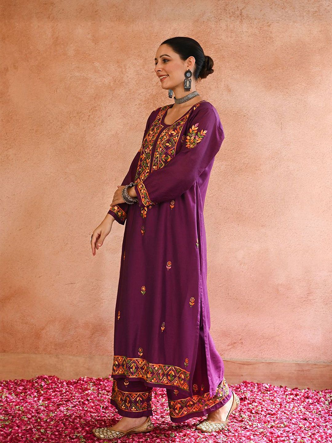 House of Chikankari Women Purple Chanderi Chikankari Sulam Set Kurta