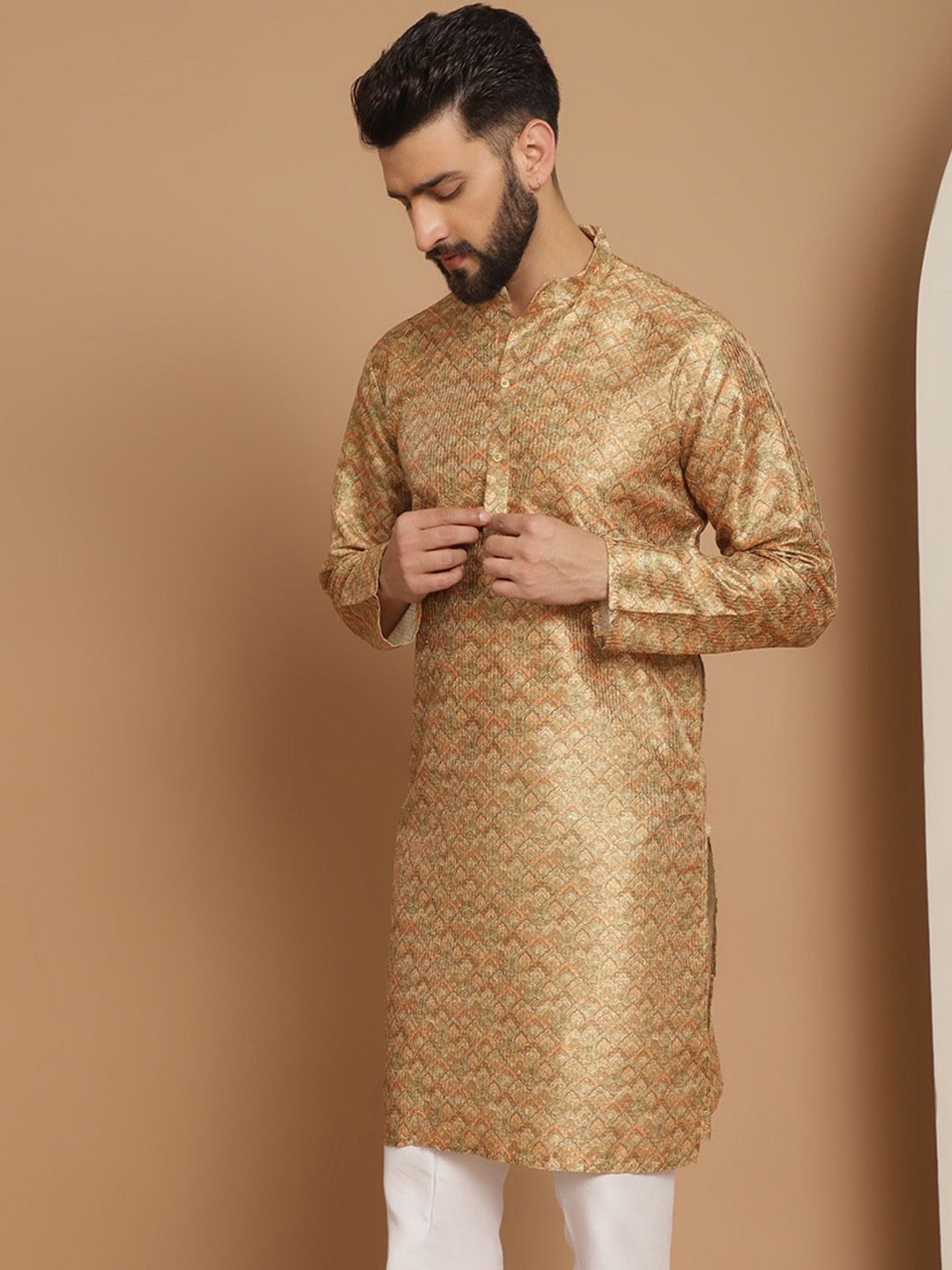 Anouk Men Mustard Yellow Ethnic Motifs Thread Work Pathani Kurta
