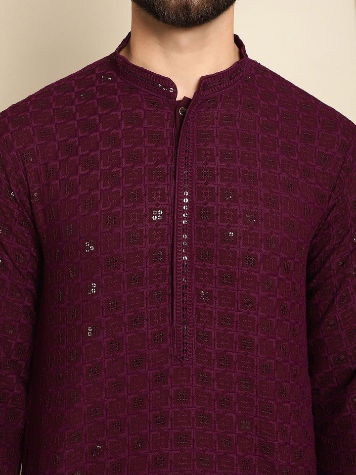 Anouk Burgundy Mandarin Collar Sequinned Pure Cotton Straight Kurta with Pyjamas