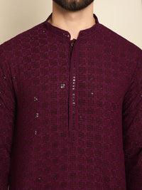 Anouk Burgundy Mandarin Collar Sequinned Pure Cotton Straight Kurta with Pyjamas