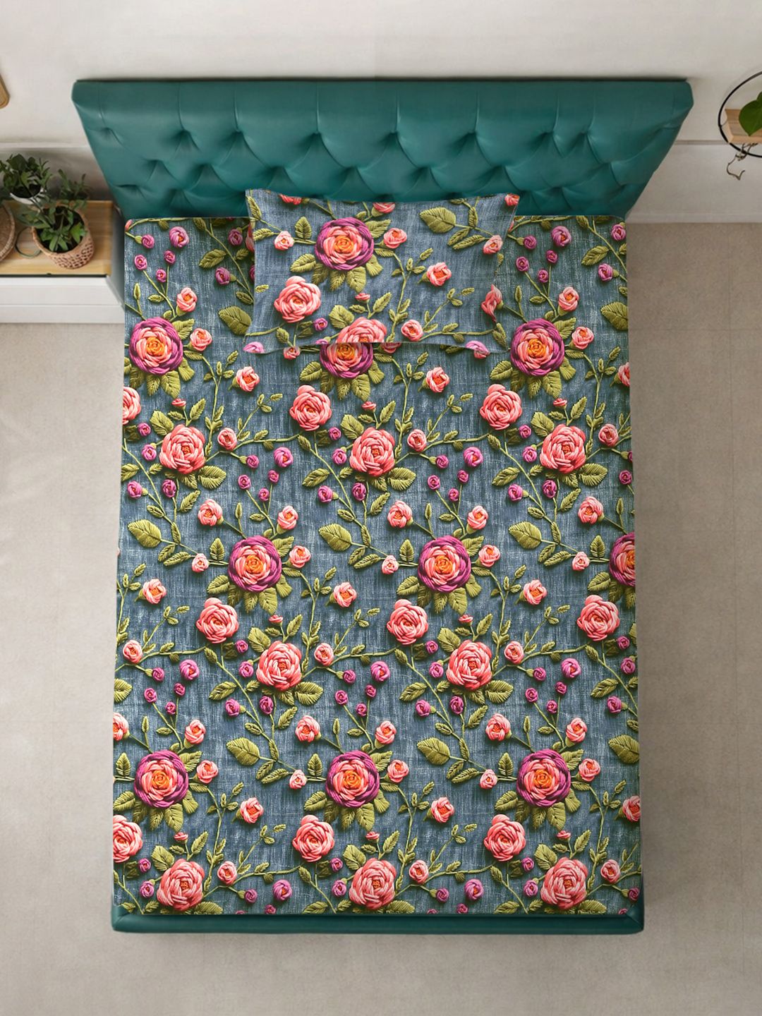 KLOTTHE Turquoise & Pink Floral Printed Flat 300 TC Single 7D Bedsheet With Pillow Cover