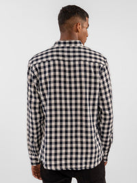 Eszett Gingham Checked Spread Collar Baju Poket Kapas Tulen