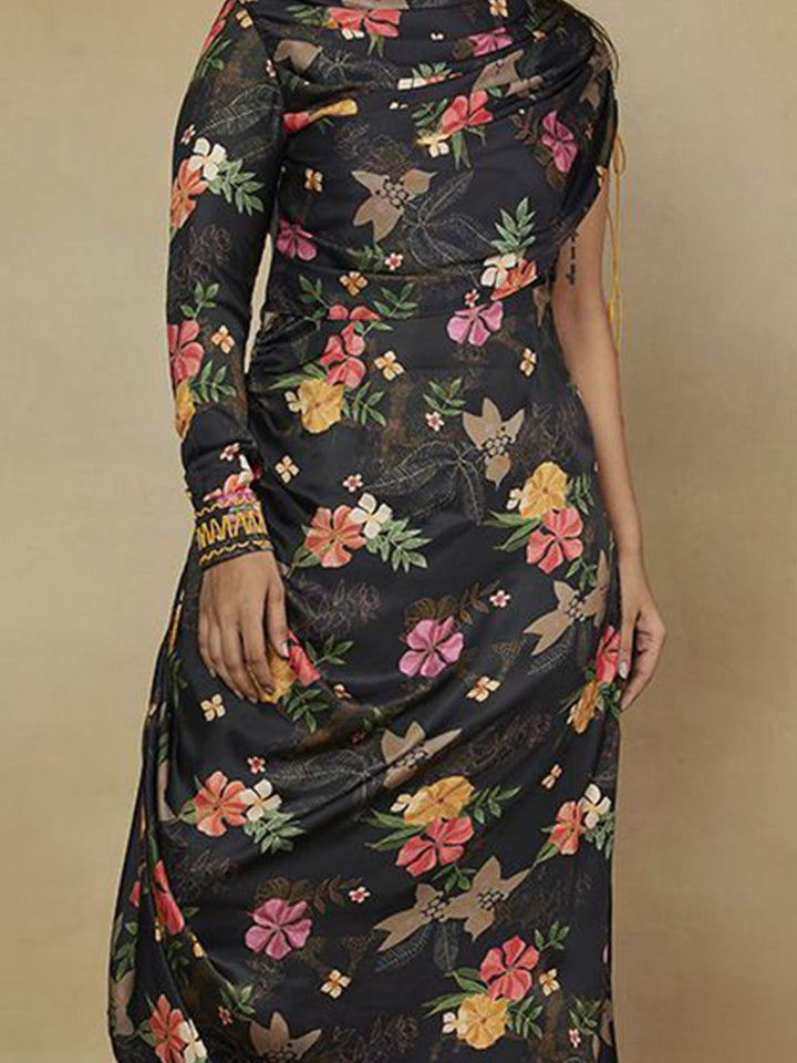 Mamicha Women Floral Print Round Neck Satin Maxi Dress