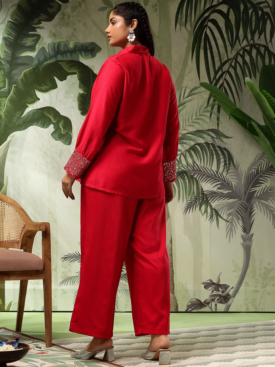 Bani Women Plus Size Embroidered Puff Sleeves Pure Silk Shirt With Trousers