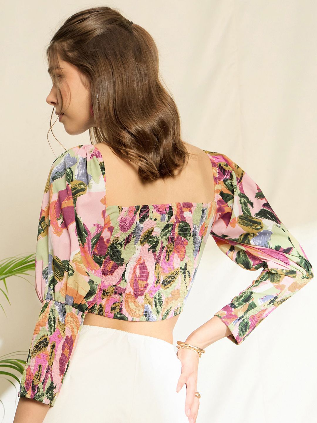 Berrylush Women Print Sweetheart Neck Puff Sleeve Crop Top