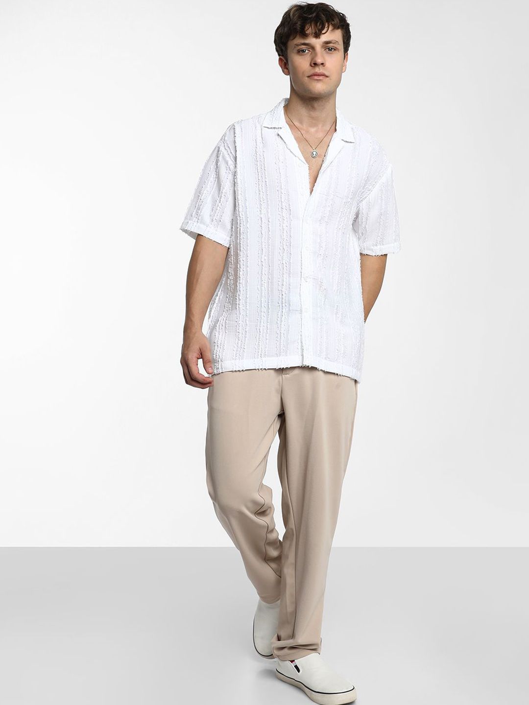 Campus Sutra Men Comfort Cuban Collar Textured Polycotton Oversized Casual Shirt