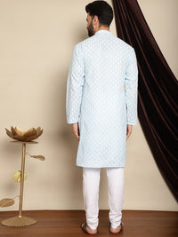 Anouk Blue Mandarin Collar Ethnic Motifs Printed Straight Kurta with Pyjamas