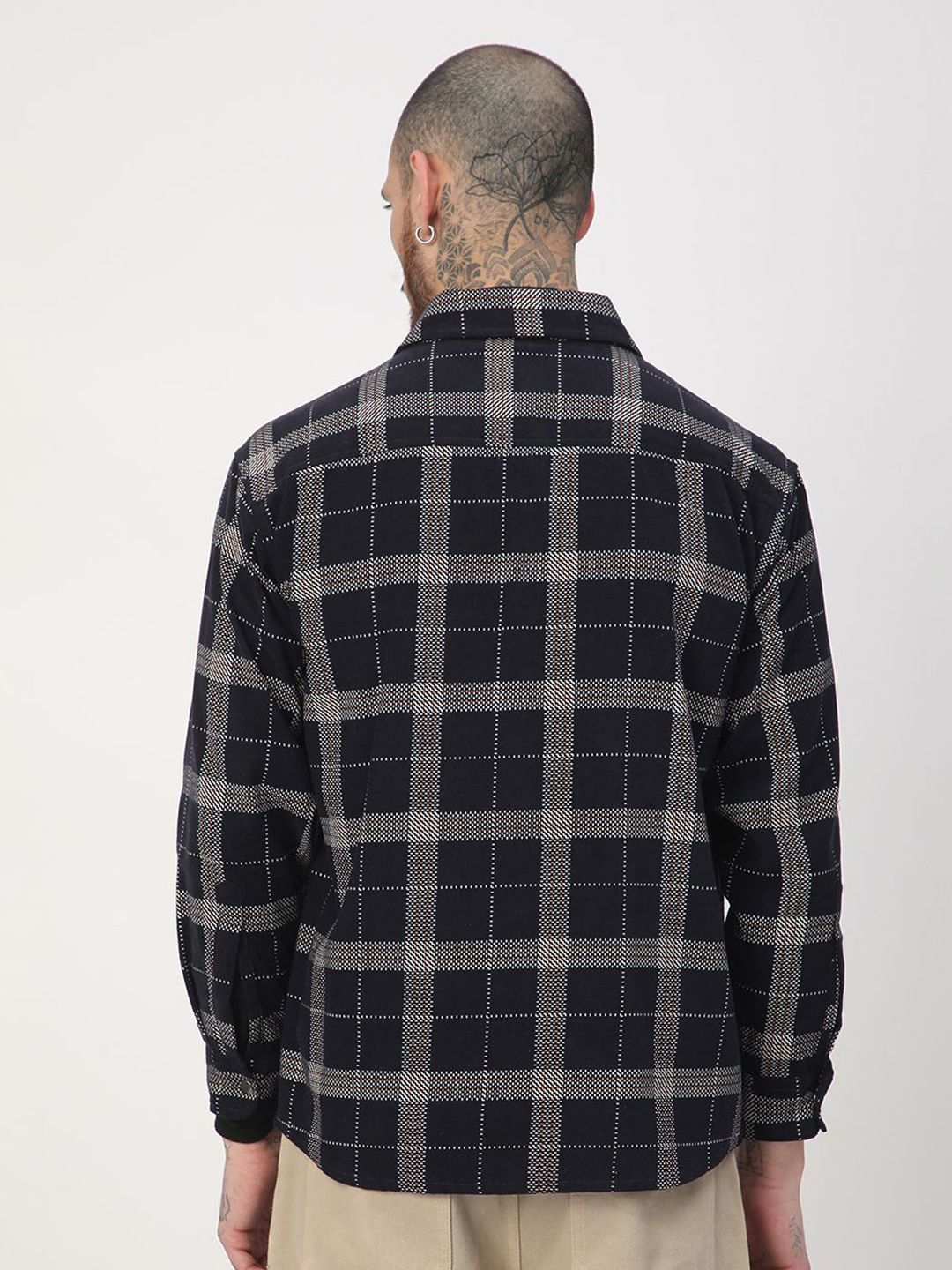 VASTRADO Men Elan Navy Dot Checks Double Flap Pocket Cotton Corduroy Overshirt