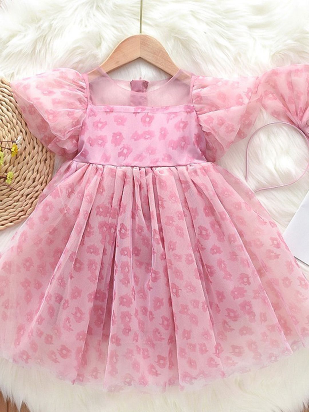 YK Girls Floral Flutter Sleeves Knee Length A-Line Dress