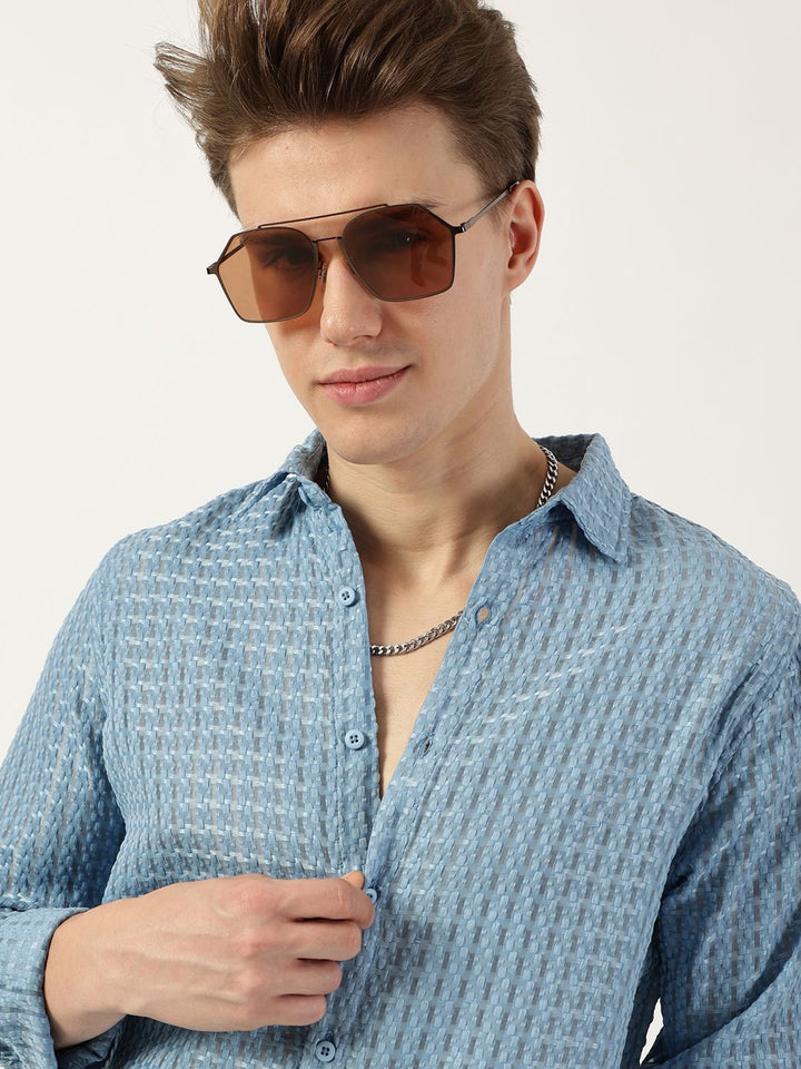 Thomas Scott Men Premium Spread Collar Textured Solid Slim Fit Casual Shirt