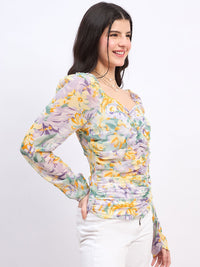 Berrylush Floral Print Sweetheart Neck Puff Sleeve Georgette Top