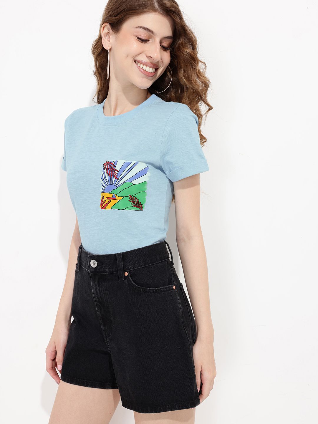 DressBerry Icy Blue Nature Inspired Printed T-shirt