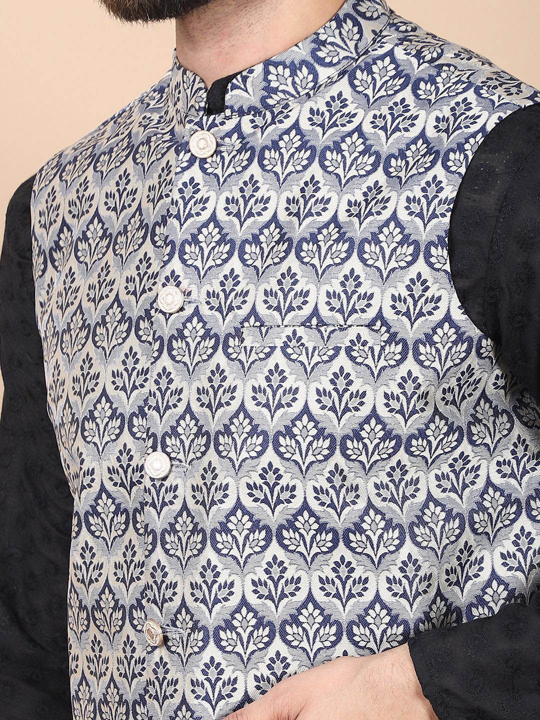 Anouk Black Floral Embroidered Thread Work Pure Cotton Kurta with Churidar & Nehru Jacket