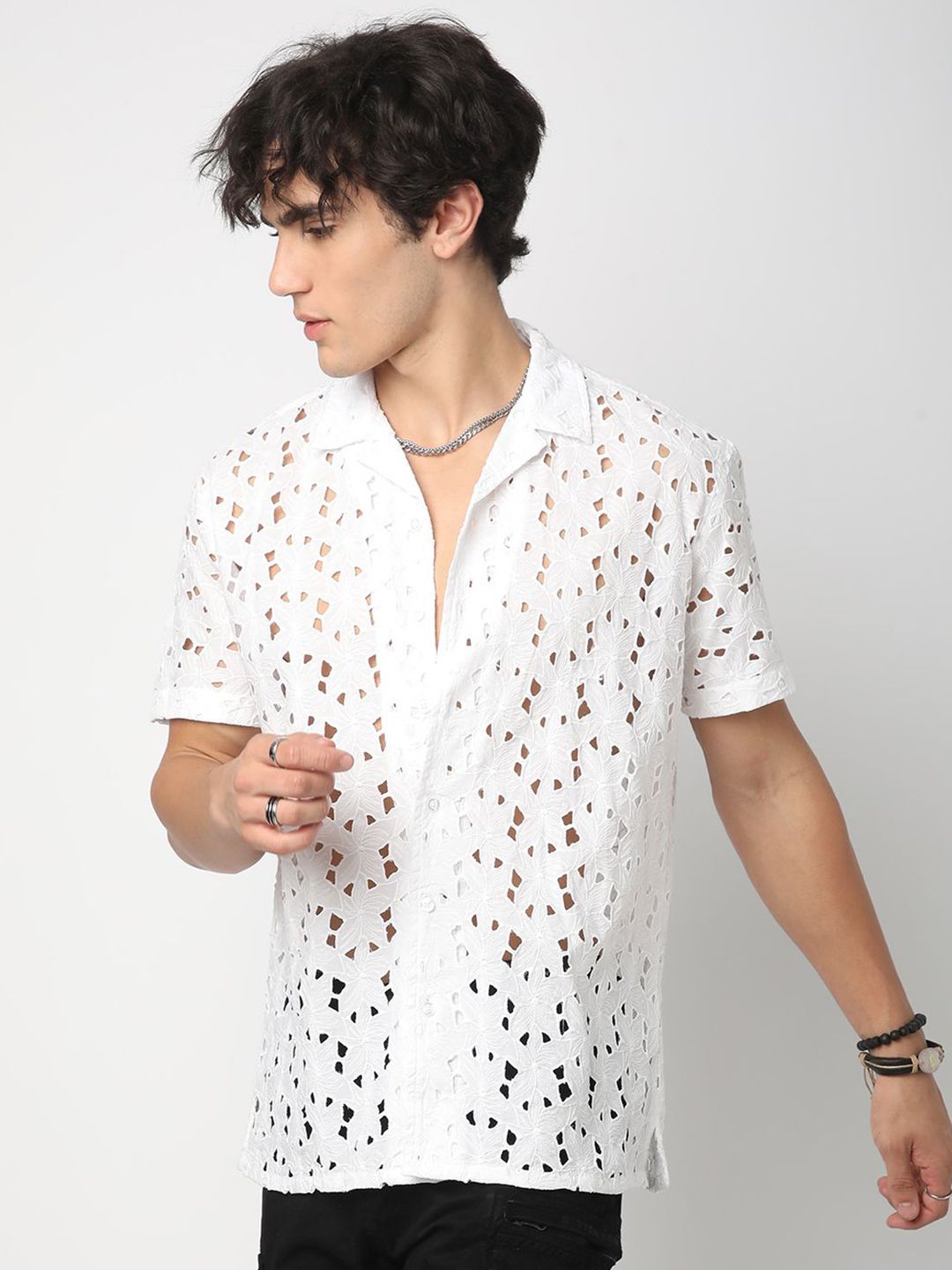 VASTRADO Men Classic Cuban Collar Textured Cotton Oversized Casual Shirt