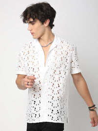 VASTRADO Men Classic Cuban Collar Textured Cotton Oversized Casual Shirt