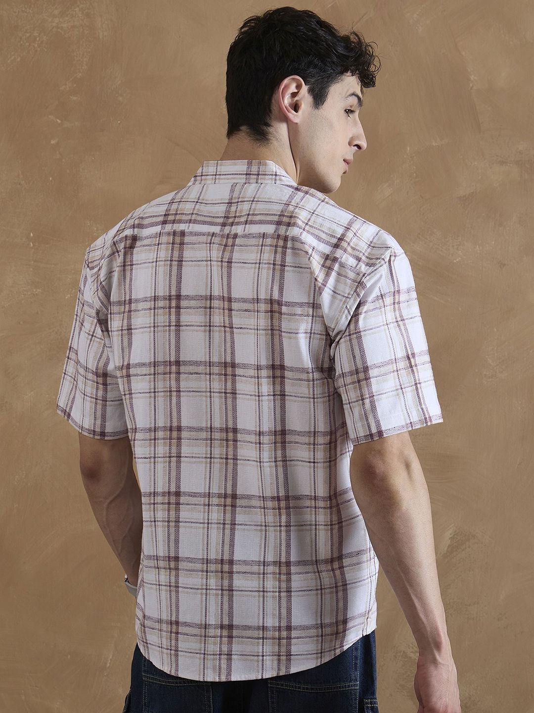 DENNISON Men Beige and Maroon Tartan Checks Shirt