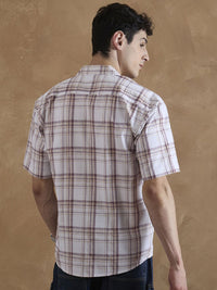 DENNISON Men Beige and Maroon Tartan Checks Shirt