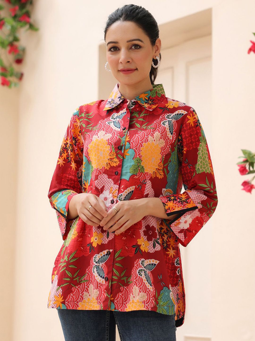 Rain & Rainbow Women Floral Printed Shirt Collar Cotton Top