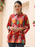 Rain & Rainbow Women Floral Printed Shirt Collar Cotton Top