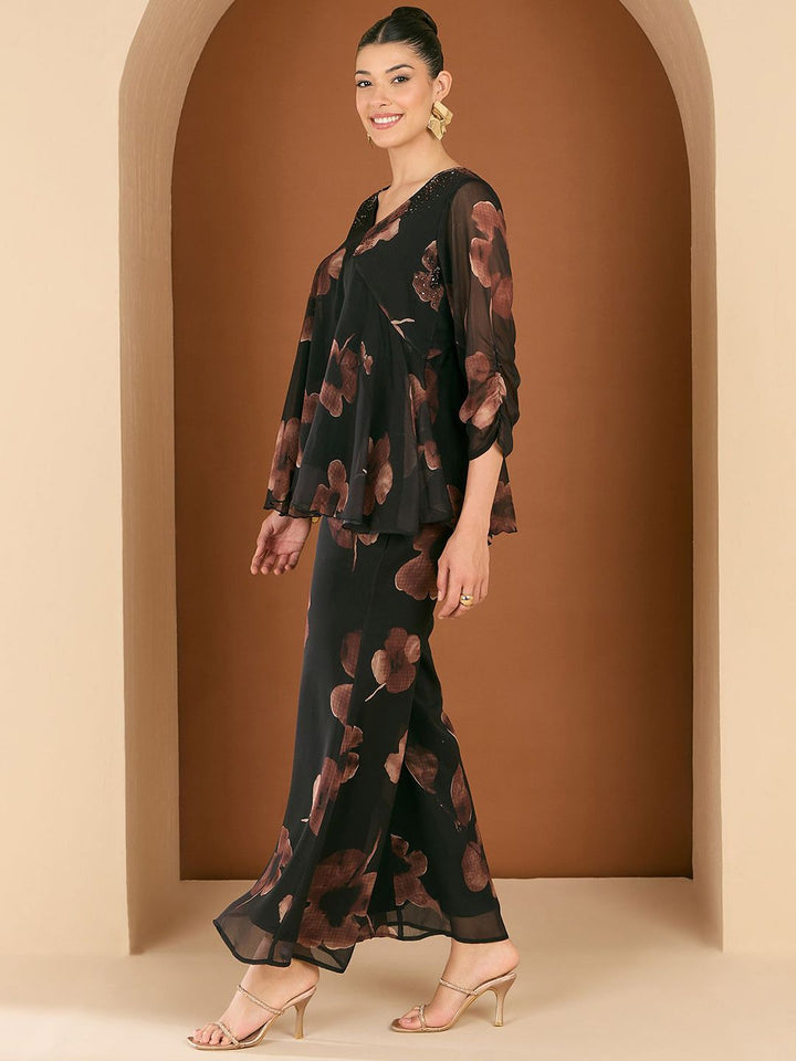 Antheaa Floral Printed Embellished V-Neck Top With Palazzos Co-Ords
