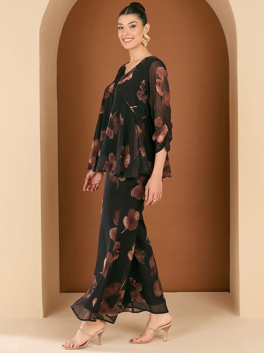 Antheaa Floral Printed Embellished V-Neck Top With Palazzos Co-Ords