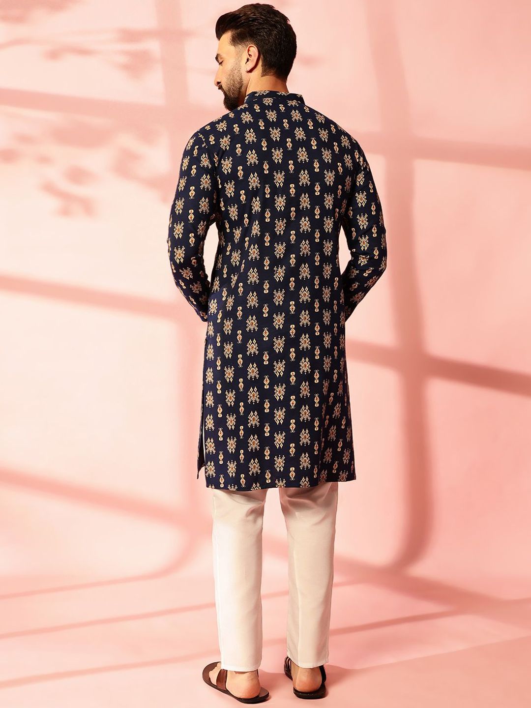Anouk Ethnic Motifs Printed Band Collar Ikat Technique Cotton Linen Straight Kurta