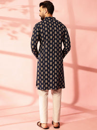 Anouk Ethnic Motifs Printed Band Collar Ikat Technique Cotton Linen Straight Kurta