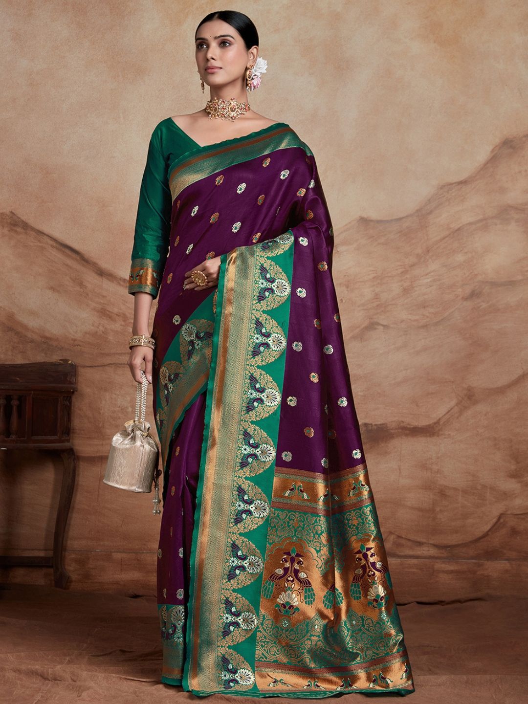 KALINI Woven Design Zari Silk Blend Paithani Saree With Blouse Piece