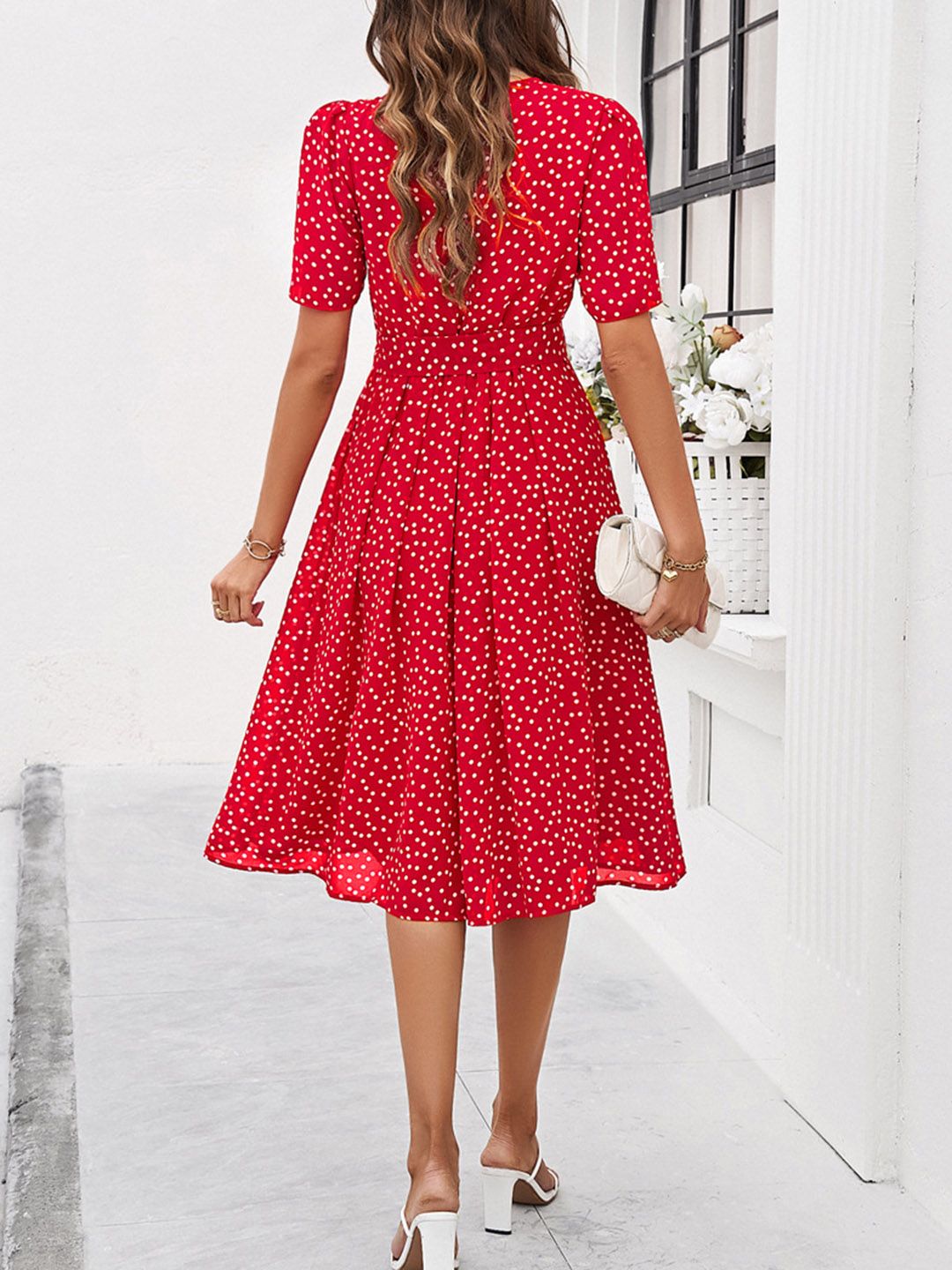 all about you Polka Dot Print Puff Sleeves Fit & Flare Dress