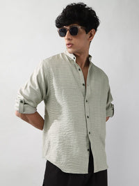 Urbano Fashion Men Beige Solid Linen Full Sleeve Relaxed Fit Mandarin Collar Casual Shirt