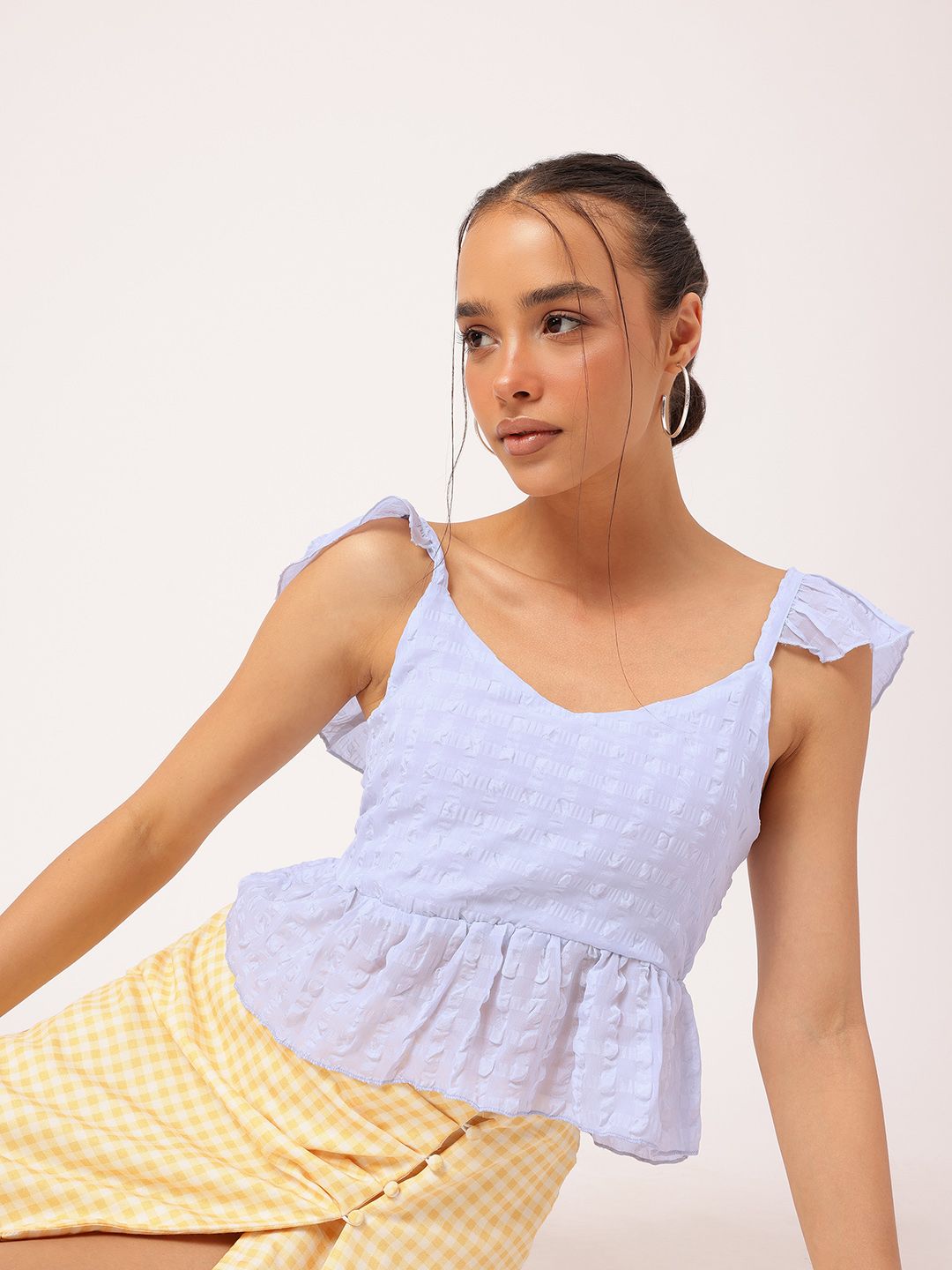 DressBerry Simply Stated Dobby Weave Ruffled Sleeves Back Lace-Up Peplum Top