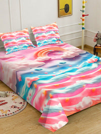 Blue & Pink Cartoon Printed Fitted 7D 400 TC Double King Bedsheet With 2 Pillow Cover