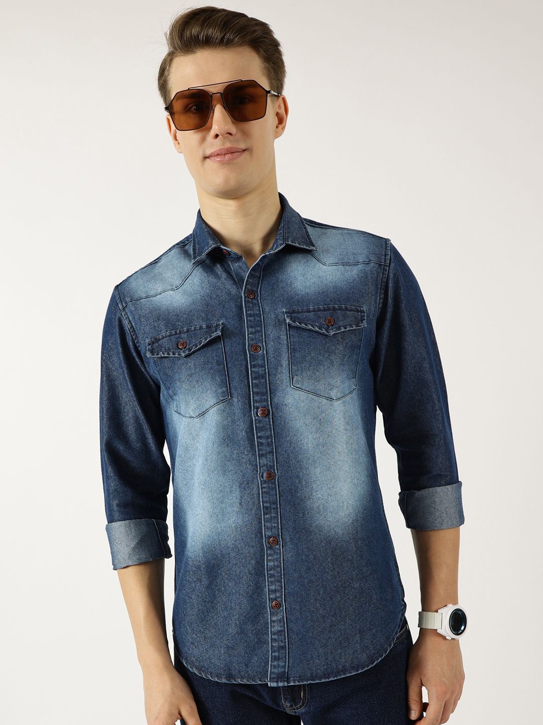 Thomas Scott Men Classic Spread Collar Faded Cotton Slim Fit Casual Shirt