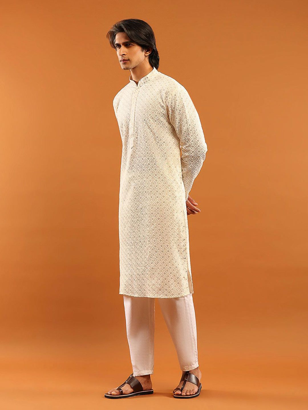 House of Chikankari Men Cream Cotton Sulam Kurta