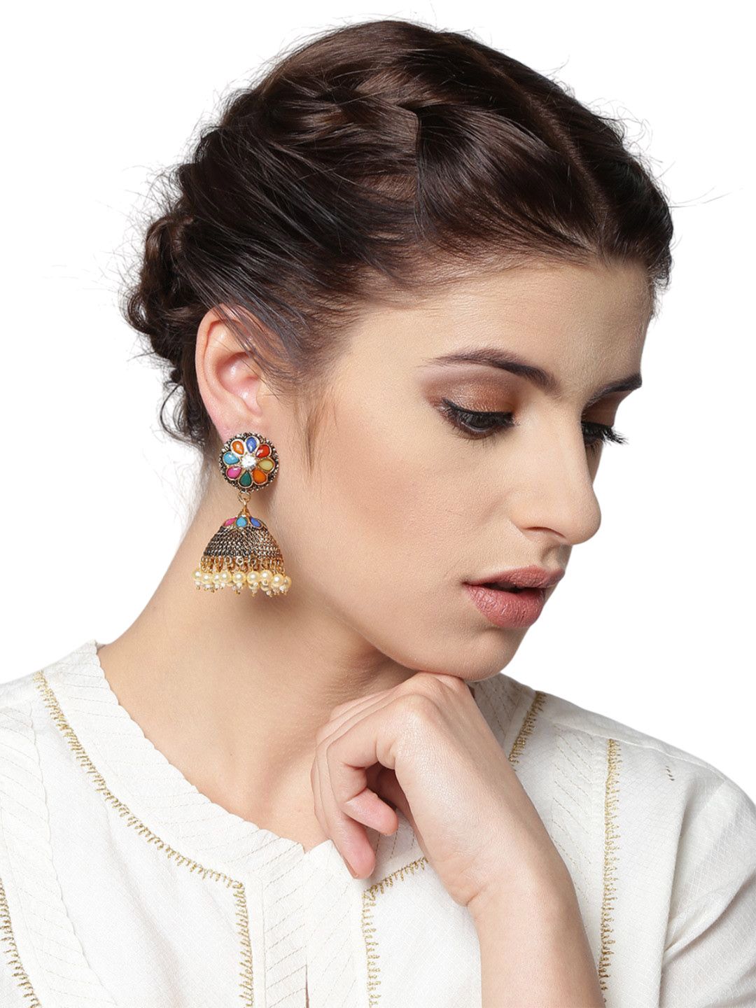Anouk Gold Plated Cubic Zirconia Studded Dome Shaped Jhumkas