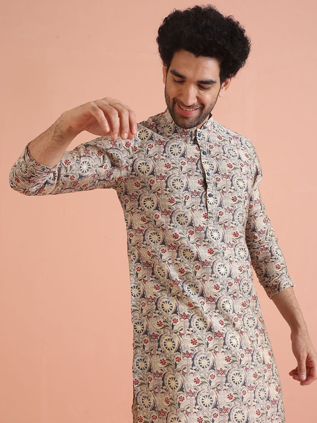 KISAH Floral Embroidered Kantha Work Mandarin Collar Straight Kurta with Trousers