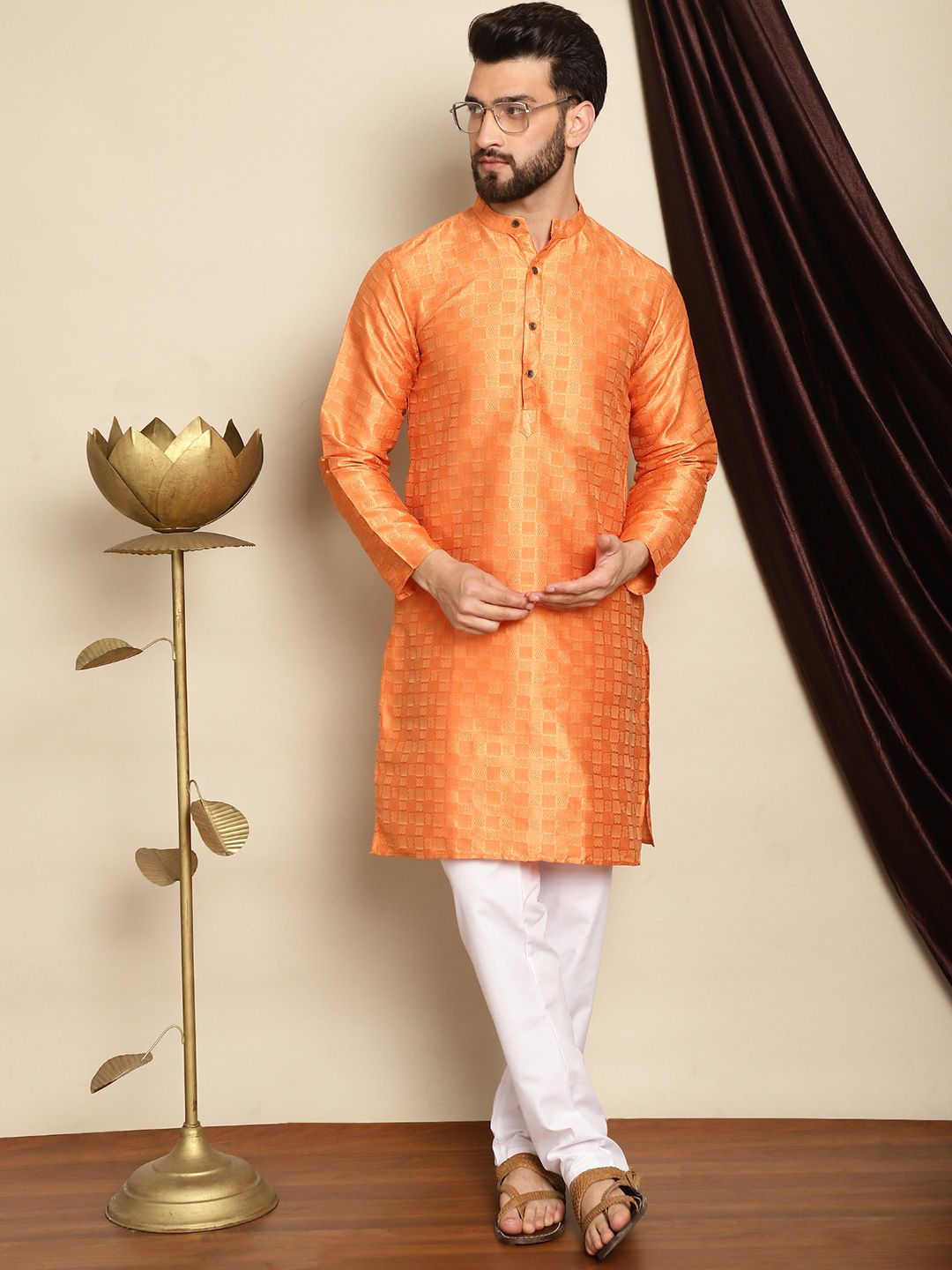 Anouk Orange Mandarin Collar Geometric Woven Design Jacquard Silk Kurta with Pyjamas