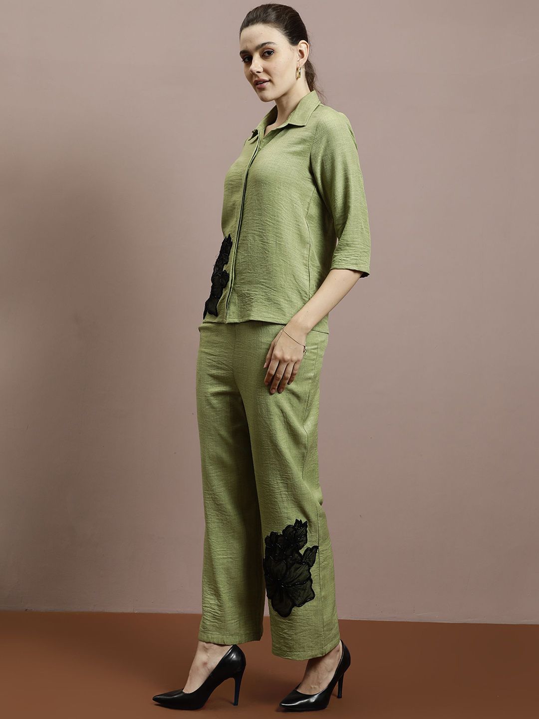 Athena Embellished Linen Shirt With Trousers