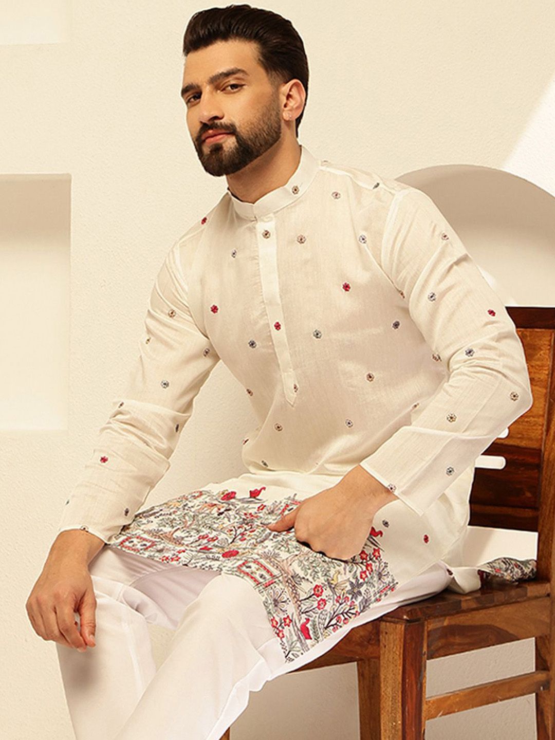 SOJANYA Floral Embroidered Mandarin Collar Thread Work Cotton Silk Straight Kurta