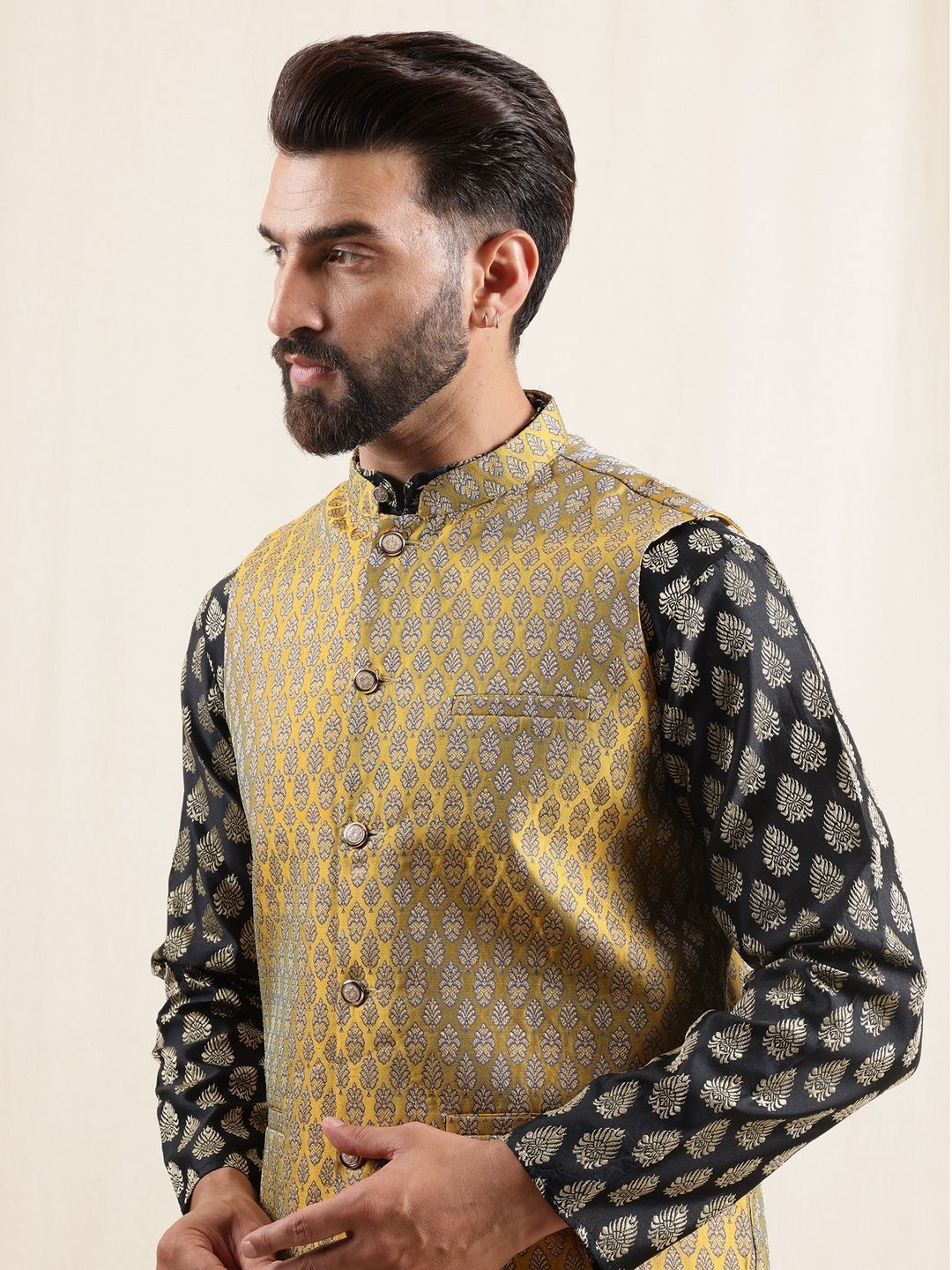 Anouk Men Floral Printed Kurta with Pyjamas & Nehru Jacket
